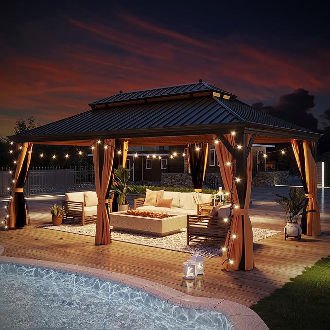 12' X 20' Hardtop Gazebo, Outdoor Galvanized Steel Double Roof Permanent Aluminum Frame Pavilion Pergola Canopy with Privacy Curtains for Garden, Patio, Backyard, Deck and Lawns.