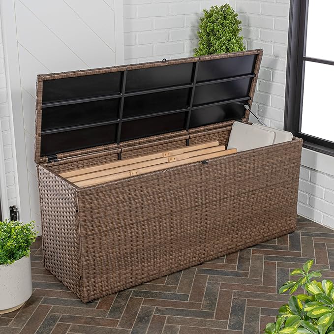 happimess TRK1000B Nino 31.5" Modern Minimalist Outdoor Faux Wicker Deck and Patio Storage Box, Brown, Soft-Close, for Package Delivery, Patio Furniture, Cushions, Gardening Tools, Pool Supplies