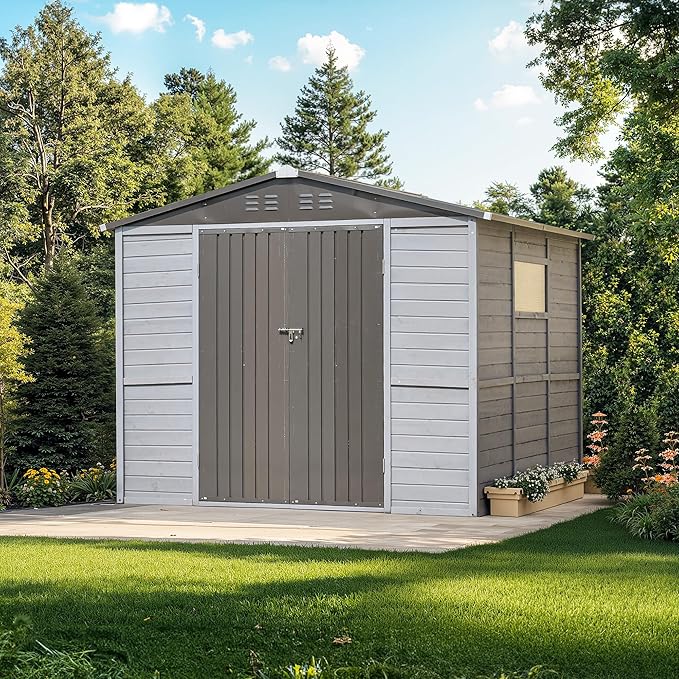 8x8FT Outdoor Storage Shed, Wood Garden Shed with Sloping Roof and Lockable Door,Tool Shed Bike Shed for Backyard Garden Patio Lawn,Gray
