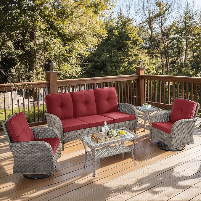 5 Piece Patio Furniture Set - Wicker Patio Conversation Set with Swivel Glider, 3 Seat Sofa, Tempered Glass Side Table and Coffee Table for Deck Backyard - Grey Wicker Red Cushion