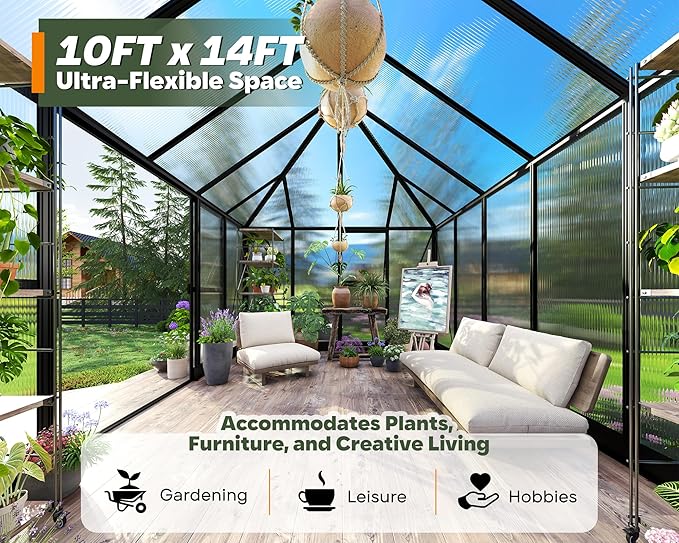 14×9.7×10 FT Outdoor Polycarbonate Greenhouse with 6 ft Double Swing Door & 2 Vents, Heavy Duty Green House with Aluminum Frame for Outside Patio Backyard Garden