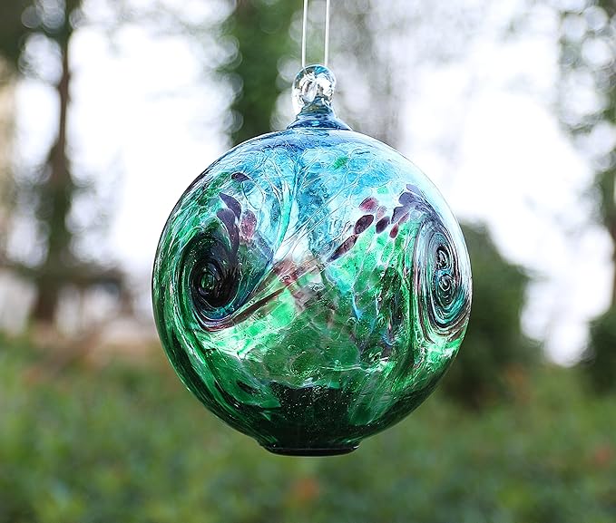 6-Inch Solar Hanging Glass Gazing Ball Outdoor Garden Décor Aqua-Green Swirl