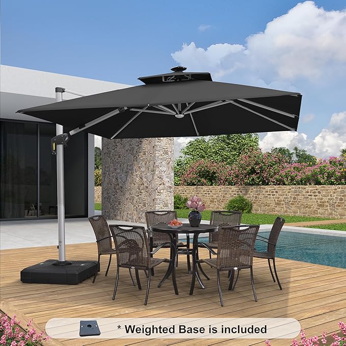 PURPLE LEAF 10 Feet Solar Powered LED Square Cantilever Umbrella With Base Patio Umbrellas Windproof Hanging Umbrella Outdoor Offset Umbrellas, Black