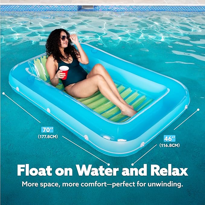 SLOOSH Inflatable Tanning Pool Lounger Float, 70" x 46" Pool Floats Adult with Pillow, 4 in 1 Suntan Tub Raft Floatie,Sunbathing Bed Lounge for Water Blow Up Kids Ball Pit Party Gifts, L-Blue Green