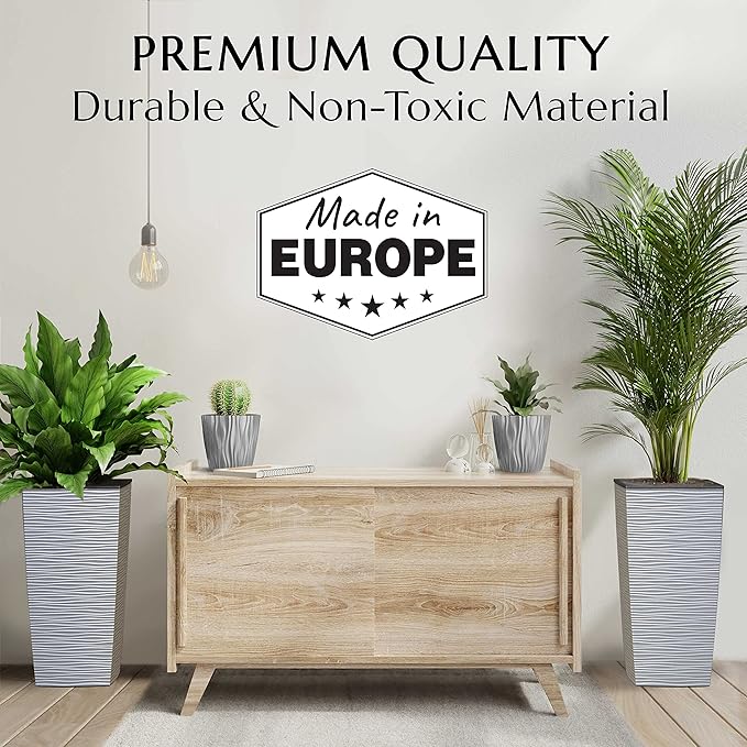 Mueller M-Resin Heavy Duty Tall Planter, Indoor/Outdoor Grande Plant, Tree, Flower Pot, 2-Piece Set, 24”, Modern Design, Built-in Drainage, Light Gray