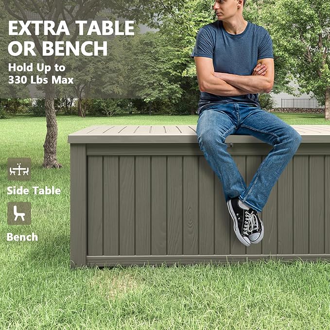 NUNU LAB 180 Gallon Outdoor Storage Box, Large Resin Deck Box with Double Wall Panels, Waterproof Patio Storage Bin for Garden Tools, Pool Accessories, Package Deliveries & Outdoor Gear,Grey