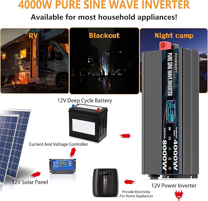 Pure Sine Wave Power Inverters 4000W 12V DC to AC 110V 120V Peak 8000W with Remote Control 4 Outlets,Dual USB Port,LED Display Terminal Blocks for Inverter Truck RV Car Solar System