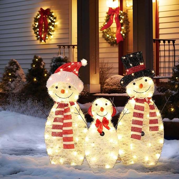 LuxenHome 30" Lighted Snowman Family Outdoor Decorations, 2D Flocked Snowman Family Holiday Decorations Outdoor and Indoor Holiday Display, Christmas Yard Decorations with 100 LED Lights