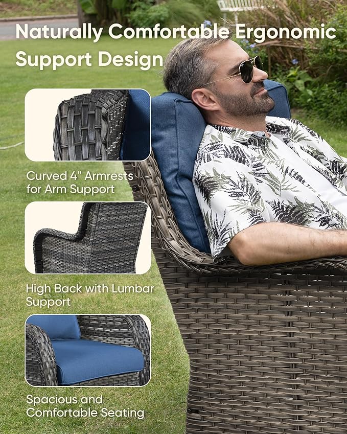 HUMMUH Wicker Patio Furniture High Back Swivel Rocker Patio Chairs Outdoor Bistro Set with Ottomans Side Table for Porch Garden Deck