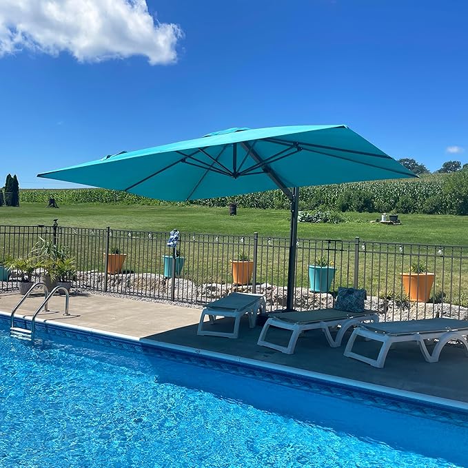 PURPLE LEAF 9' X 12' Rectangle Patio Umbrella with Base Large Cantilever Outdoor Umbrella Offset Umbrella with 360-degree Rotation Garden for Deck Backyard Pool Turquiose