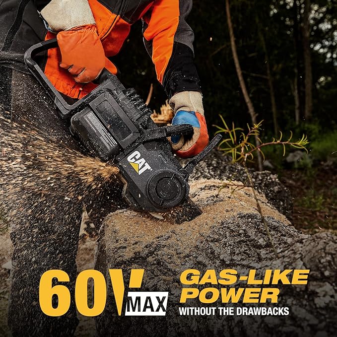 Caterpillar DG631 60V Brushless 18” Chainsaw, Battery Chainsaw with Chain Brake for Safety, Electric Chainsaw Cordless with Tool-Free Chain Tensioning – Battery & Charger Included