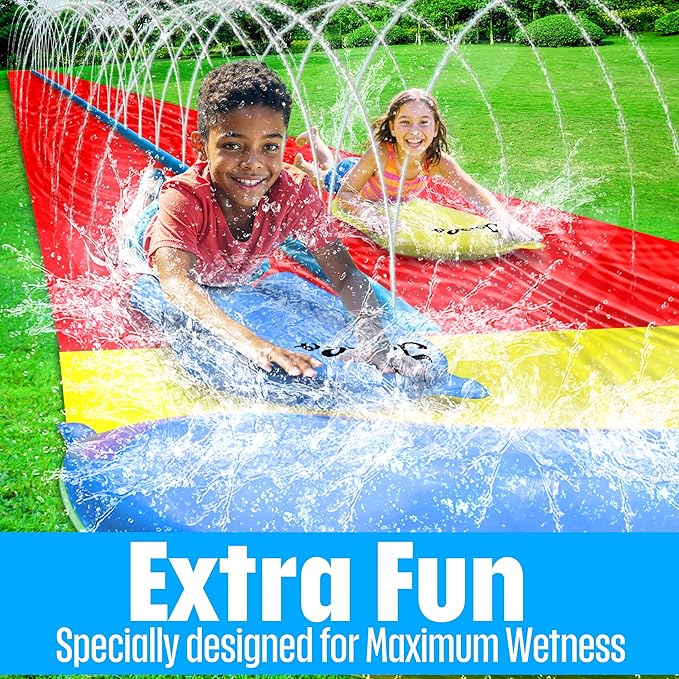 JAMBO 40Ft 3XL Mega Slip Splash and Slide and 2 Bodyboards, Heavy Duty Water with Inflatable Crash Pad, Slide Splash Mat Outdoor Water Sprinkler Splash Mat n Backyard Water Toys