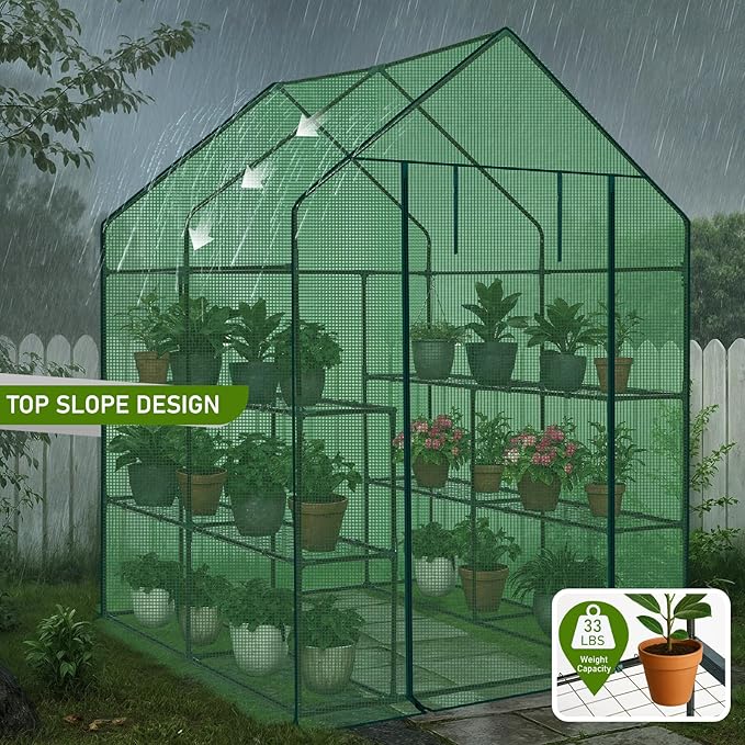 Outvita Walk-in Greenhouse, Outdoor Durable PE Plant Green House for Frost Protection with 3 Tiers 8 Shelves, Shelf Clips, Roll-up Zipper Door, 56"x56"x77" Green