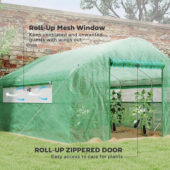 Outsunny 13' x 10' x 6.5' Hoop House Greenhouse with Large Windows and Zippered Door, Large Walk-in Tunnel Green House with Upgraded Galvanized Steel Frame, PE Cover, Gardening Plant Hot House, Green