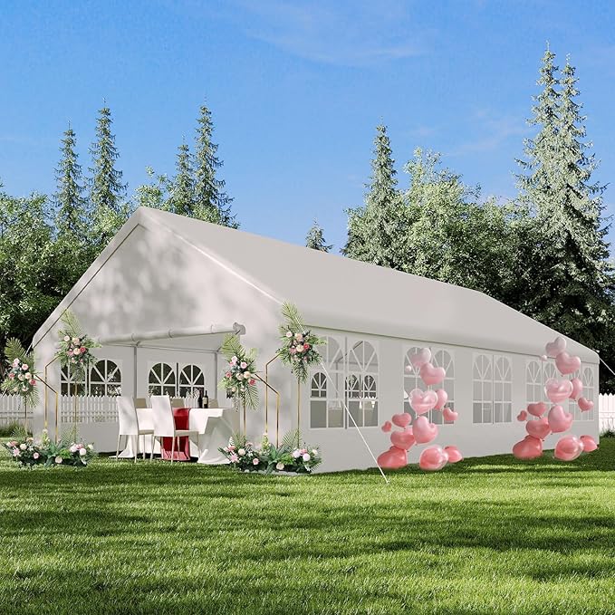 20'X32' Party Tent with Removable Sidewall Windows, Outdoor Heavy Duty Wedding Gazebo, Event Shelter Wedding Canopy Tent for Parties Carport BBQ, White & Straight Edge