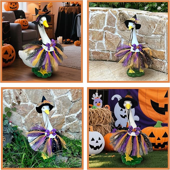Halloween Porch Goose Statues with Outfits Decor - 20" Big White Goose Resin Figurine, Autumn Halloween Goose Outfits with Hat Bow Tie for Party Decoration, Porch, Yard, Patio, Lawn,Women/Girl Gift