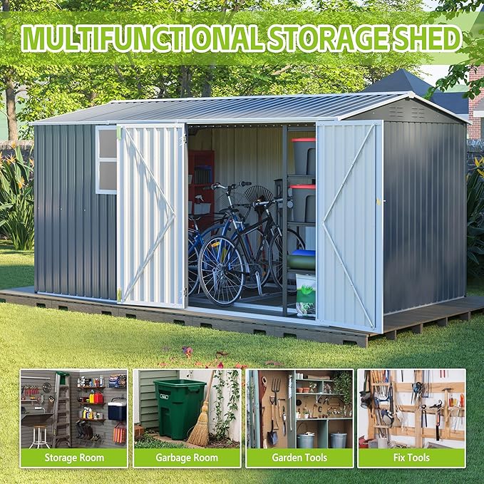 8×12 Ft Metal Outdoor Storage Shed with Floor Base and Window, 0.25mm Galvanized Steel Metal Garden Shed Waterproof with Lockable Door for Backyard, Patio, Garden, Dark Grey