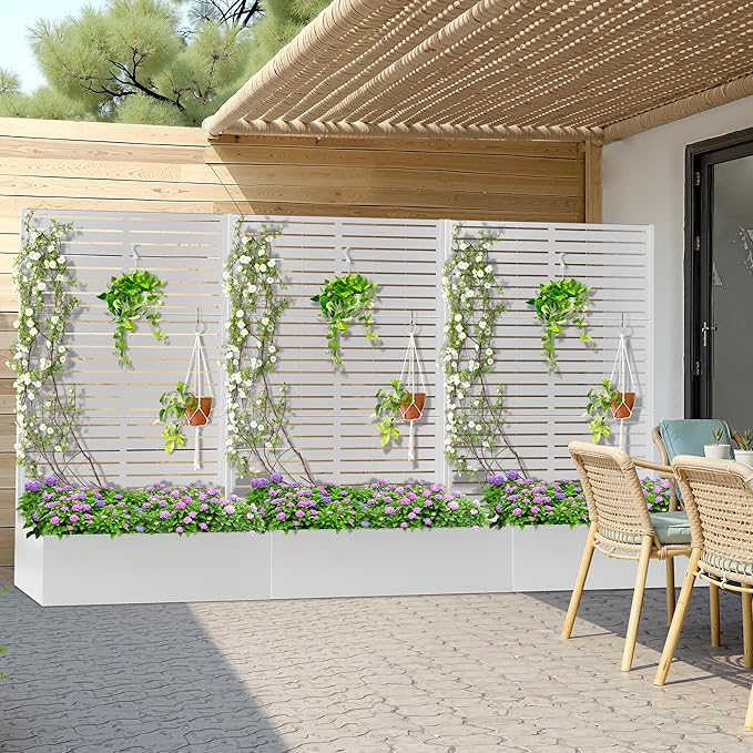 Metal Planter Box with Trellis, Heavy-Duty Raised Garden Bed for Climbing Plants, Drainage Hole, Outdoor Planter Box with Privacy Screen，47''L×16''W×71''H