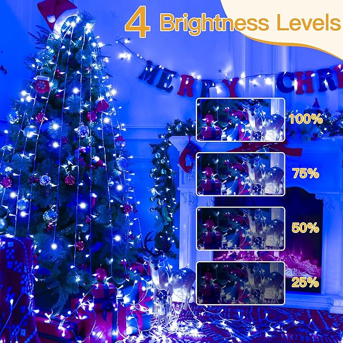 Ollny Blue Christmas Lights Waterproof, 400LED 131FT String Lights with Remote 3 Timer, Plug in 8 Modes Fairy Light for House Xmas Tree Bedroom Indoor Outside Decorations