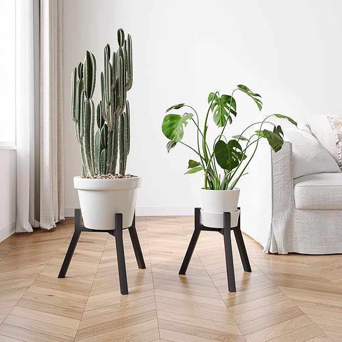 Adjustable Plant Stands Set of 2, Metal Modern Small Plant Holder, Heavy Duty Stable Flower Holder Stand rack for 10-16 Inch Indoor Outdoor Corner Living Room Balcony Office Black PS-007BK-2