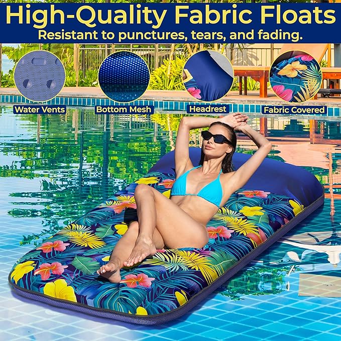 JAMBO Pool Floats, Large Fabric Pool Float, Comfortable Oversized Pool Floats for Adults, Heavy Duty Pool Air Mattress, Inflatable Lounge Raft, Tanning Pool Lounger, Tanning Chair, Pool Toys