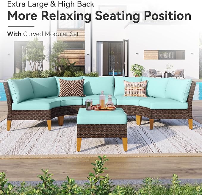 GREEN PARTY 9 Pieces Wicker Patio Furniture Set, All-Weather Outdoor Rattan Half-Moon Curved Patio Sectional Sofa Conversation Set 9 Seats with 4" Thick Cushions for Backyard, 2 x Ottomans (Blue)