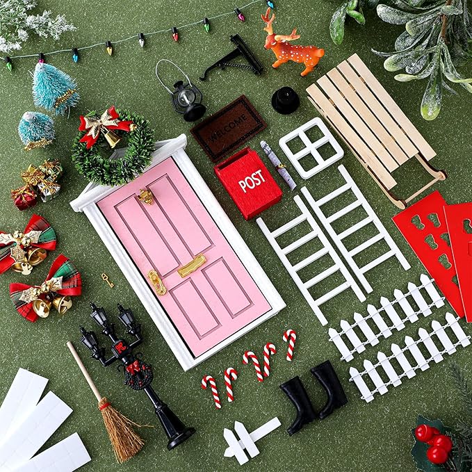 Shappy 39 Pcs Christmas Fairy Door Kit Wooden Elf Fairy Doors Decorations with Accessories Mini Door Tiny Miniature for Christmas Tale DIY Craft Garden Home Party Decoration (Pink)
