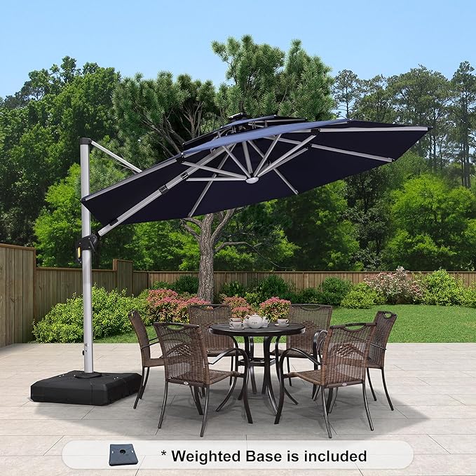 PURPLE LEAF 11ft Patio Umbrella With Base Solar powered LED Cantilever Umbrella with LED lights Windproof Outdoor Offset Umbrella for Garden Deck Pool Patio, Navy Blue