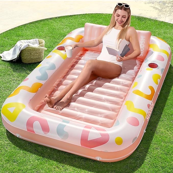 SLOOSH Inflatable Tanning Pool Lounger Float, 70" x 46" Pool Floats Adult with Pillow, 4 in 1 Suntan Tub Raft Floatie,Sunbathing Bed Lounge for Water Blow Up Ball Pit Party Gifts