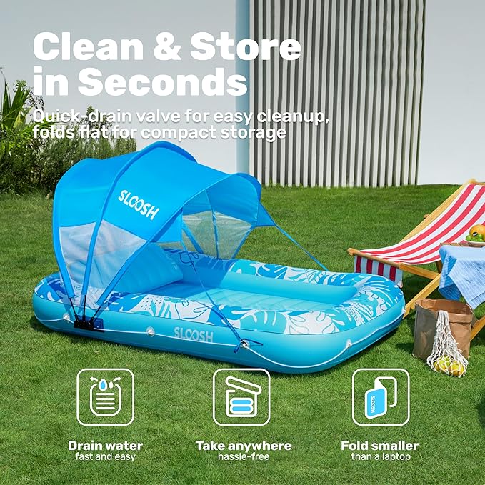 SLOOSH Inflatable Pool Floats Adult, 70" x 46" Tanning Pool with Canopy, 4 in 1 Lounger Float with Pillow, Suntan Tub Raft Floatie, Sunbathing Bed Lounge for Water Blow Up Kids Ball Pit Party Gifts