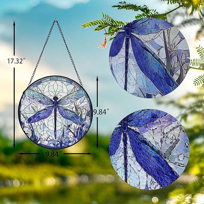 Dragonfly Decor Suncatcher Stained Glass Window Hanging - Handmade Artistic Suncatchers for Windows Hanging, 9.8 inch