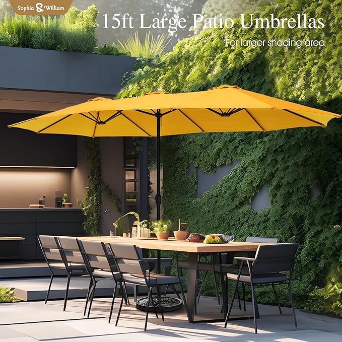 Sophia & William 15 ft Extra Large Patio Umbrella with Base Included, Rectangular Outdoor Umbrella Heavy Duty, Market Umbrella Double-sided Fade Resistant for Pool Garden Backyard, Golden yellow
