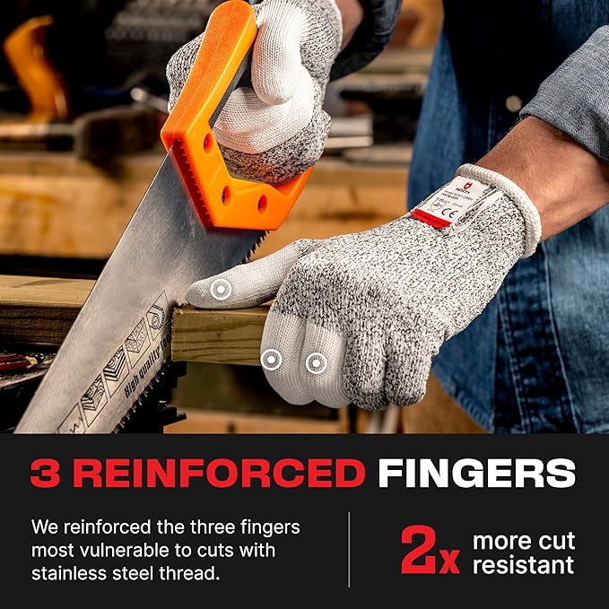 NoCry Cut Resistant Work Gloves for Women and Men, with Reinforced Fingers; Comfortable, 100% Food Grade Kitchen Cooking Hand Protection; Ambidextrous Safety Gear for Cutting;Level 5 Protection 3-pack