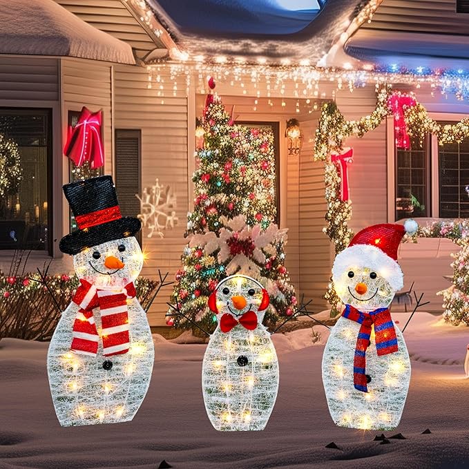 TW SHINE Lighted Christmas Snowman Outdoor Decoration, 3-Piece Pre-Lit 2D Snowman Family Set with 55 Warm White Lights, Christmas Yard Decorations for Patio Lawn Garden Decor, 20.5X9X29.5Inch-Large