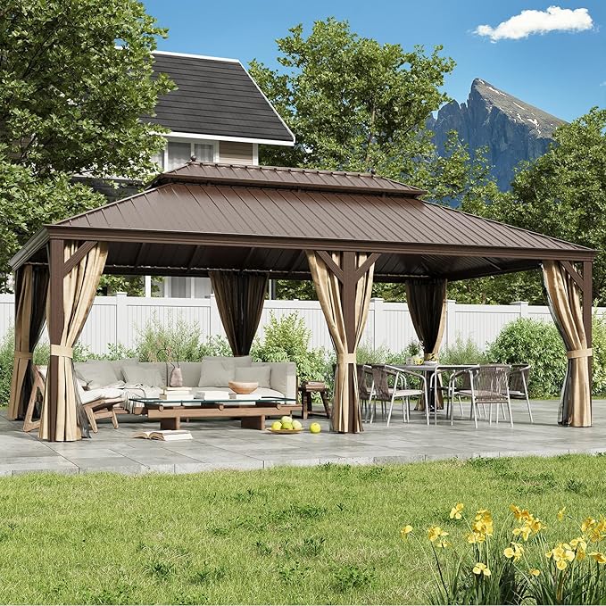 EROMMY 14'x22' Hardtop Gazebo Double Roof Galvanized Steel Canopy Outdoor Aluminum Frame Permanent Metal Pavilion with Netting and Curtains for Patio Backyard Deck and Lawns
