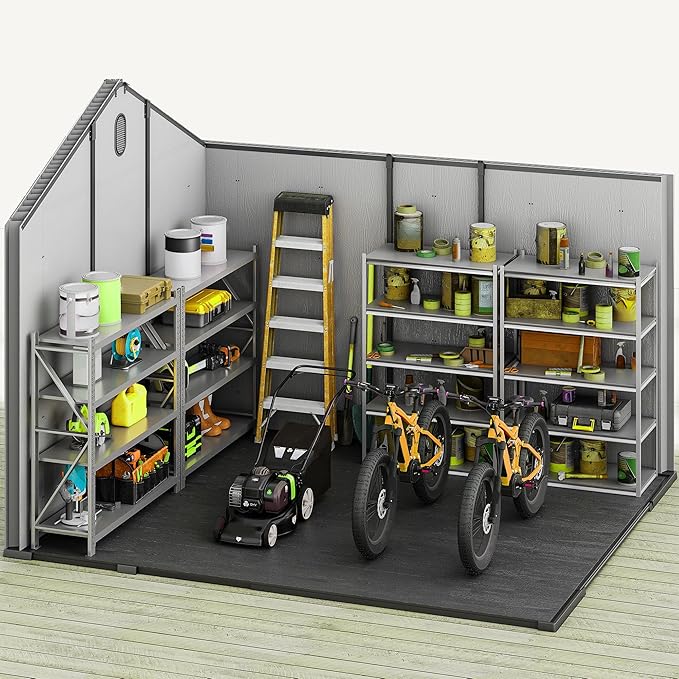 DWVO 8x10 FT Outdoor Storage Shed, 544 cuft Large Plastic Storage Shed with Floor & Lockable Door, Outside Tool Garden Shed with Windows & Vents for Patio Furniture, Lawn Mower, Bike, Black&Gray