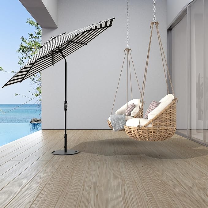 Midtown Umbrellas The Swilt 8 Feet Patio Umbrella in Terylast Zebra (Black/White Stripes) Polyester Fabric - Fiberglass Ribs, Auto-Tilt Aluminum Frame For Backyard, Deck, Garden, Pool - White Pole