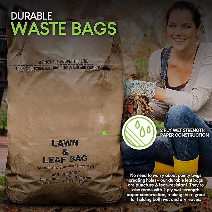 30 Gallon Kraft Lawn and Leaf Bags (20 Pack) Eco-Friendly Heavy Duty Large Paper Trash Bags, Made in the USA Tear Resistant Yard Waste Bags for Grass Clippings, Wet and Dry Leaves, Weeds, Twigs