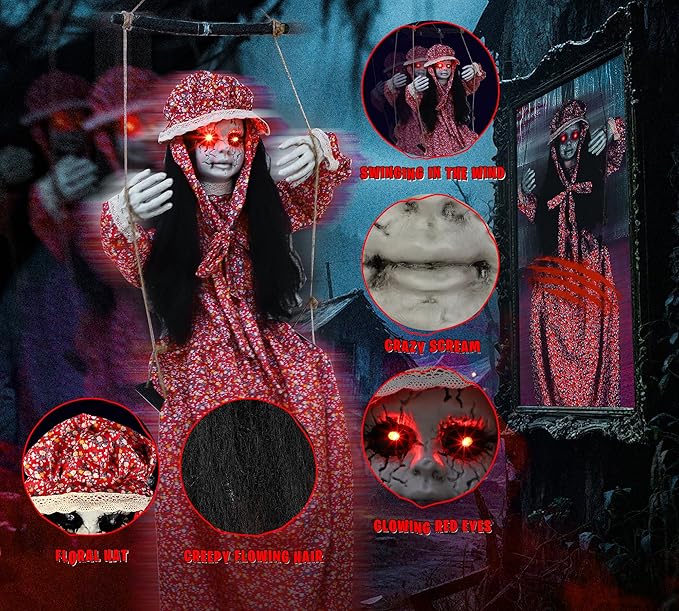 Scary Halloween Decorations Hanging Swinging Doll Girl for Indoor & Outdoor Props, Sound, Touch & Clap Activated with Creepy Sounds & Light-Up Eyes for Halloween Haunted House or Yard Lawn Prop