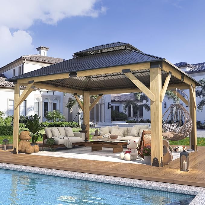 13'x15' Wood Gazebo,Outdoor Hardtop Gazebo with Galvanized Steel Doule Roof, Wooden Frame Gazebos for Patio Backyard Deck