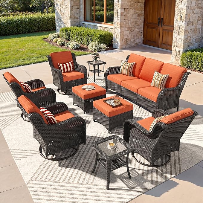 ovios 9 Pieces Patio Furniture Set, Outdoor Wicker Sofa Couch with Swivel Chairs Ottomans Comfy Cushions, High Back All Weather Modern Conversation Sets, Brown Rattan, Orange Red