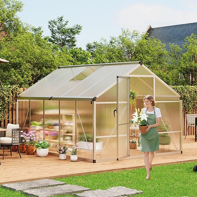 8x10 ft Greenhouse for Outdoors, Polycarbonate Greenhouse with Roof Vent, Ground Nails, Lockable Push Door, Aluminum Large Walk-in Green House for Outside Garden Backyard, Patio, Lawn, Silver