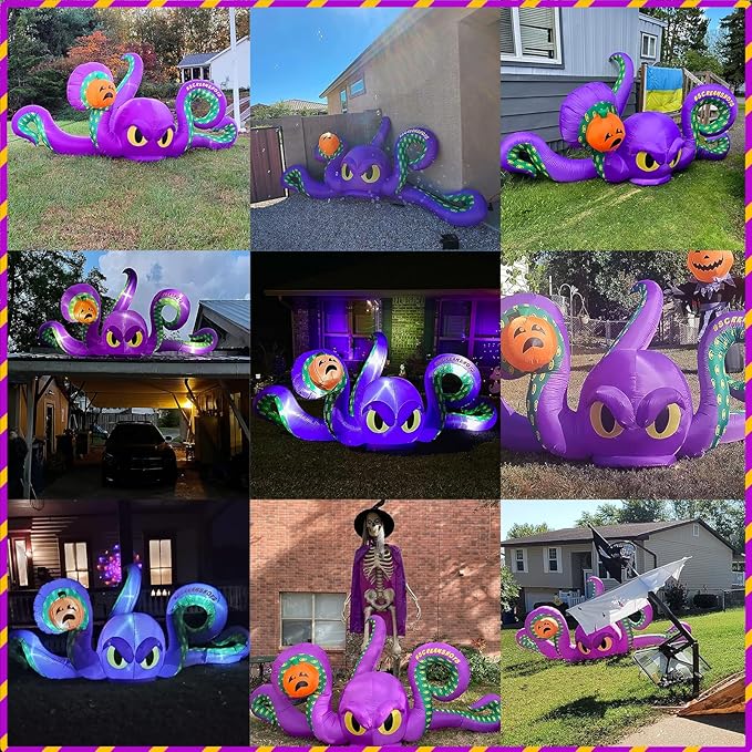 12Ft Halloween Inflatables Giant Octopus Purple Sticky Pumpkin LED Light Blow up Halloween Decor for Carnival Party Store Outdoor Yard Lawn Decorations