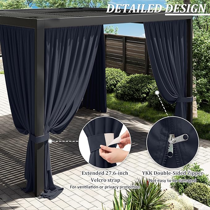 Gazebo Universal Replacement Privacy Curtain,12'×12' Gazebo Outdoor Waterproof Curtains, 4-Panels Sidewall Curtains with Double Zipper for Patio Canopy, Garden and Backyard (Curtain Only)
