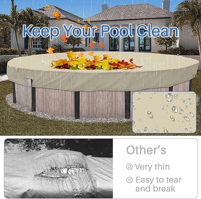 ECOOPTS 19 ft Waterproof Round Polyester Pool Cover for Above Ground Pools, Swimming Pool Cover Protector Winter Safety Cover (Beige)