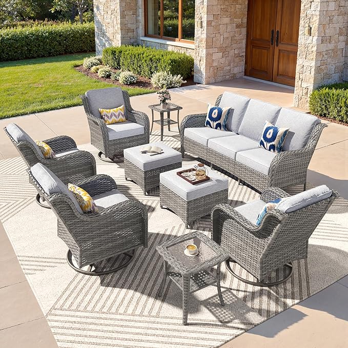 ovios 9 Pieces Patio Furniture Set, Outdoor Wicker Sofa Couch with Swivel Chairs Ottomans Comfy Cushions, High Back All Weather Modern Conversation Sets, Grey Rattan, Grey