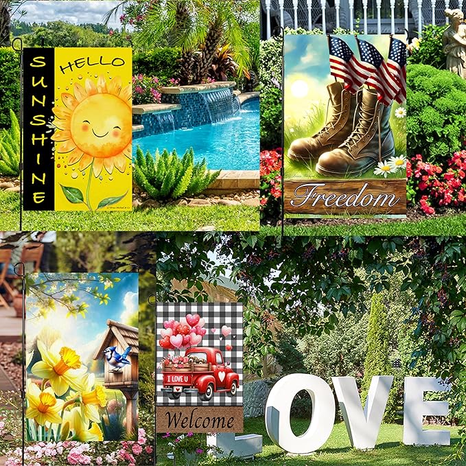 Country Charm Garden Flags Set of 10 - Garden Flags for Outside - Yard Flags 12x18 inch Double Sided, Seasonal Small Garden Flag with Anti-Wind Clip and Stopper, Outdoor Holiday Lawn Decorative Decor Fall