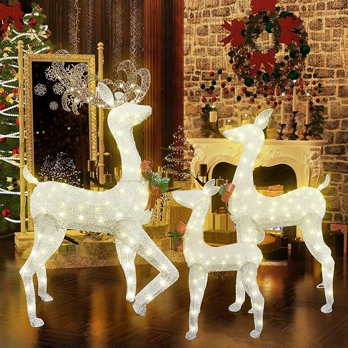 AWQM 3-Piece Lighted Christmas Reindeer, Christmas Deer Family Set with Red Bow, 50+80+100 LED Lights, Indoor or Outdoor Christmas Holiday Decoration for Yards Garden Lawn Patio Light Up Display,White
