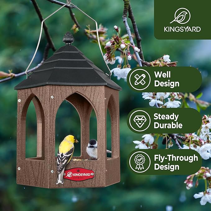 Kingsyard Platform Bird Feeder for Outdoor Hanging - Gazebo Style Recycled Plastic Wild Bird Feeding Station with Rain-Proof Roof & Metal Mesh Tray. Brown