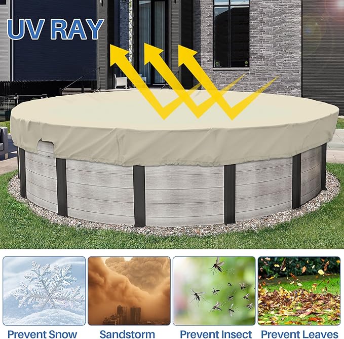 ECOOPTS Waterproof Round Polyester Pool Cover for Above Ground Pools, Swimming Pool Cover Protector Winter Safety Cover (8 ft, Beige)
